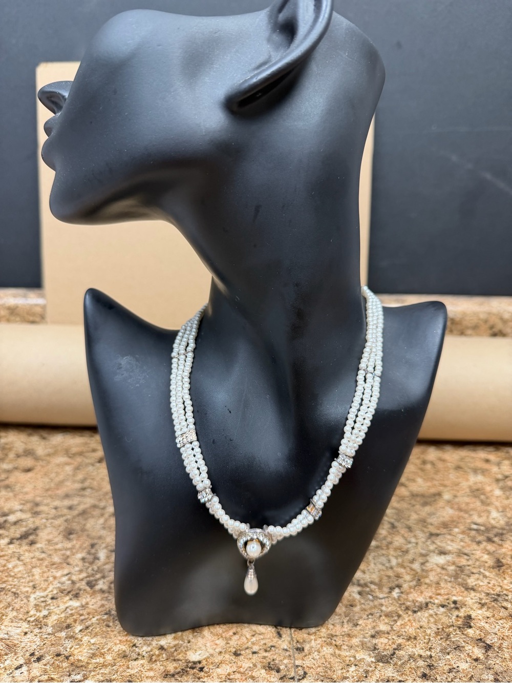 Vintage 15” Triple Strand Faux Pearl Rhinestone Choker Necklace Teardrop
